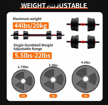 5-44lbs Adjustable Dumbbell to Barbell Set, Anti-Slip Grip, Versatile Home Gym Fitness Strength Training Barbell Weight Plates
